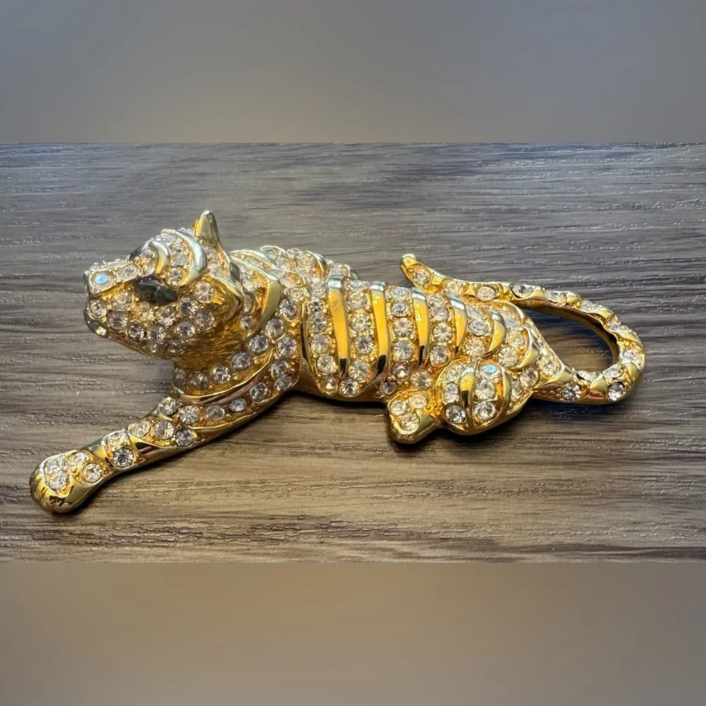 Trifari Vintage Gold and Crystal Tiger Brooch